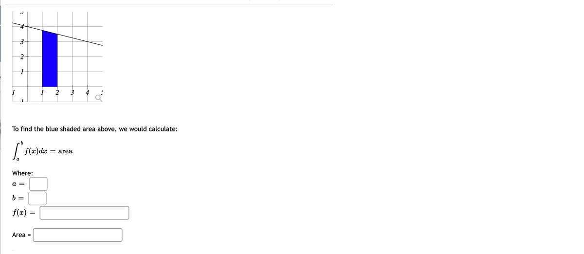 2
2
3
To find the blue shaded area above, we would calculate:
| f(x)dx = area
Where:
a =
b =
f(x) =
Area
%3D
