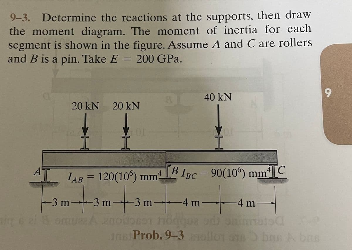 9-3. Determine the reactions at the supports, then draw
the moment diagram. The moment of inertia for each
segment is shown in the figure. Assume A and C are rollers
and B is a pin. Take E = 200 GPa.
6.
B.
40 kN
20 kN
20 kN
IAB = 120(10°) mmLD IBC = 90(10°) mm
%3D
-3 m 3 m -3 m-
-4 m-
4 m-
iq s zi 8 omua2A 2noiloco högqua on nimmote
Jns Prob. 9-3olloT o bms A brs
