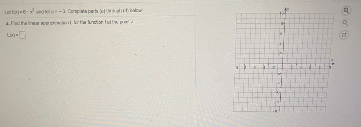 Let f(x) 6-x and let a = -3. Complete parts (a) through (d) below.
10-
a. Find the linear approximation L for the function f at the point a.
8-
6-
L(x)%3=
2-
-10
-8
-6.
-4
-2
2.
10
2-
-4-
6
-8-
-10-
8,
