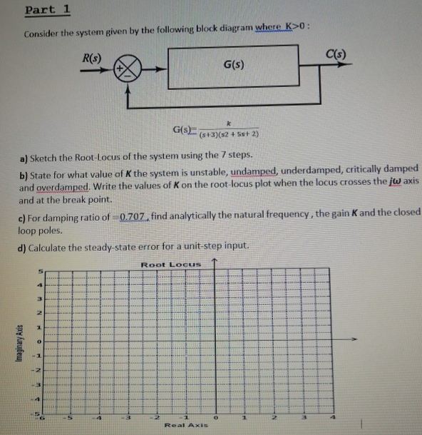 Part 1
Consider the system given by the following block diagram where K>0:
R(s)
C(s)
G(s)
G(sE (+3)(s2 + Sst 2)
a) Sketch the Root-Locus of the system using the 7 steps.
b) State for what value of K the system is unstable, undamped, underdamped, critically damped
and overdamped. Write the values of K on the root-locus plot when the locus crosses the jw axis
and at the break point.
