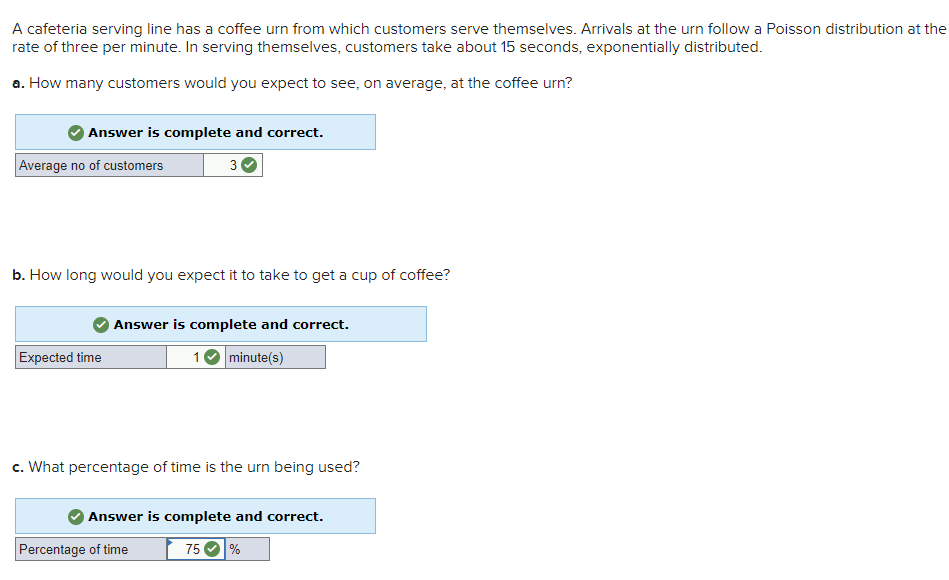 A cafeteria serving line has a coffee urn from which customers serve themselves. Arrivals at the urn follow a Poisson distribution at the
rate of three per minute. In serving themselves, customers take about 15 seconds, exponentially distributed.
a. How many customers would you expect to see, on average, at the coffee urn?
Answer is complete and correct.
Average no of customers
3
b. How long would you expect it to take to get a cup of coffee?
Answer is complete and correct.
Expected time
minute(s)
c. What percentage of time is the urn being used?
Answer is complete and correct.
Percentage of time
75
%
