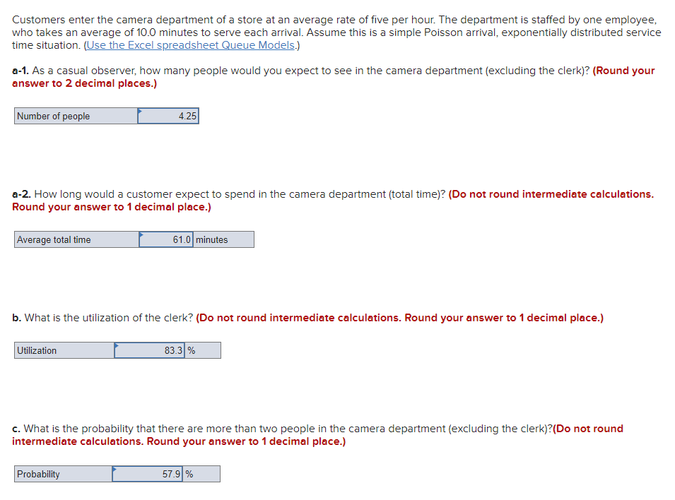 Customers enter the camera department of a store at an average rate of five per hour. The department is staffed by one employee,
who takes an average of 10.0 minutes to serve each arrival. Assume this is a simple Poisson arrival, exponentially distributed service
time situation. (Use the Excel spreadsheet Queue Models.)
a-1. As a casual observer, how many people would you expect to see in the camera department (excluding the clerk)? (Round your
answer to 2 decimal places.)
Number of people
4.25
a-2. How long would a customer expect to spend in the camera department (total time)? (Do not round intermediate calculations.
Round your answer to 1 decimal place.)
Average total time
61.0 minutes
b. What is the utilization of the clerk? (Do not round intermediate calculations. Round your answer to 1 decimal place.)
Utilization
83.3 %
c. What is the probability that there are more than two people in the camera department (excluding the clerk)?(Do not round
intermediate calculations. Round your answer to 1 decimal place.)
Probability
57.9 %
