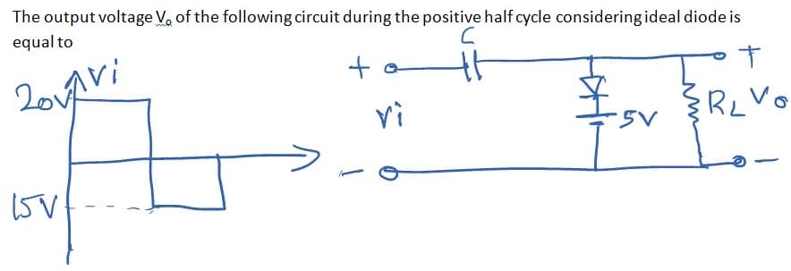 The output voltage V. of the following circuit during the positive half cycle considering ideal diode is
equal to
2oAvi
vì
V.
5-
15V
