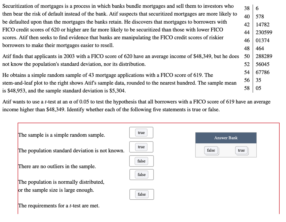 Securitization of mortgages is a process in which banks bundle mortgages and sell them to investors who
then bear the risk of default instead of the bank. Atif suspects that securitized mortgages are more likely to
be defaulted upon than the mortgages the banks retain. He discovers that mortgages to borrowers with
FICO credit scores of 620 or higher are far more likely to be securitized than those with lower FICO
scores. Atif then seeks to find evidence that banks are manipulating the FICO credit scores of riskier
borrowers to make their mortgages easier to resell.
38 6
40 578
42
44
46 01374
48
464
288289
Atif finds that applicants in 2003 with a FICO score of 620 have an average income of $48,349, but he does 50
not know the population's standard deviation, nor its distribution.
52
56045
54
67786
56 35
58 05
He obtains a simple random sample of 43 mortgage applications with a FICO score of 619. The
stem-and-leaf plot to the right shows Atif's sample data, rounded to the nearest hundred. The sample mean
is $48,953, and the sample standard deviation is $5,304.
Atif wants to use a t-test at an a of 0.05 to test the hypothesis that all borrowers with a FICO score of 619 have an average
income higher than $48,349. Identify whether each of the following five statements is true or false.
The sample is a simple random sample.
The population standard deviation is not known.
There are no outliers in the sample.
The population is normally distributed,
or the sample size is large enough.
The requirements for a t-test are met.
true
true
false
false
false
Answer Bank
false
14782
230599
true