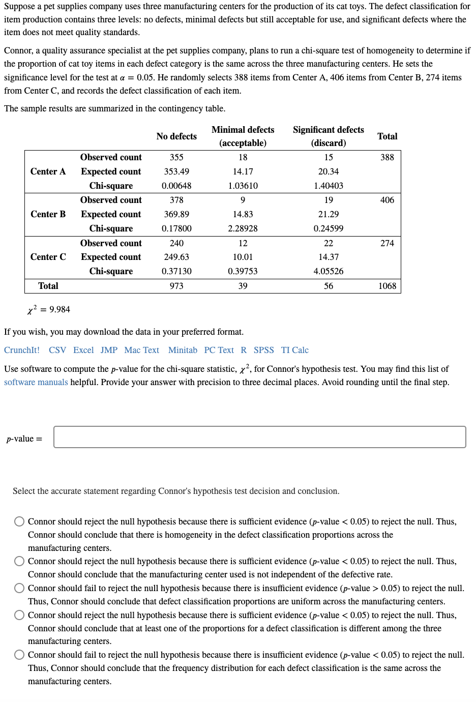 Suppose a pet supplies company uses three manufacturing centers for the production of its cat toys. The defect classification for
item production contains three levels: no defects, minimal defects but still acceptable for use, and significant defects where the
item does not meet quality standards.
Connor, a quality assurance specialist at the pet supplies company, plans to run a chi-square test of homogeneity to determine if
the proportion of cat toy items in each defect category is the same across the three manufacturing centers. He sets the
significance level for the test at a = 0.05. He randomly selects 388 items from Center A, 406 items from Center B, 274 items
from Center C, and records the defect classification of each item.
The sample results are summarized in the contingency table.
Center A
Center B
Center C
Total
Observed count
Expected count
Chi-square
Observed count
Expected count
Chi-square
Observed count
Expected count
Chi-square
No defects
p-value =
355
353.49
0.00648
378
369.89
0.17800
240
249.63
0.37130
973
Minimal defects
(acceptable)
18
14.17
1.03610
9
14.83
2.28928
12
10.01
0.39753
39
Significant defects
(discard)
15
20.34
1.40403
19
21.29
0.24599
22
14.37
4.05526
56
x² = 9.984
If you wish, you may download the data in your preferred format.
CrunchIt! CSV Excel JMP Mac Text Minitab PC Text R SPSS TI Calc
Total
Select the accurate statement regarding Connor's hypothesis test decision and conclusion.
388
406
274
Use software to compute the p-value for the chi-square statistic, x², for Connor's hypothesis test. You may find this list of
software manuals helpful. Provide your answer with precision to three decimal places. Avoid rounding until the final step.
1068
Connor should reject the null hypothesis because there is sufficient evidence (p-value < 0.05) to reject the null. Thus,
Connor should conclude that there is homogeneity in the defect classification proportions across the
manufacturing centers.
O Connor should reject the null hypothesis because there is sufficient evidence (p-value < 0.05) to reject the null. Thus,
Connor should conclude that the manufacturing center used is not independent of the defective rate.
O Connor should fail to reject the null hypothesis because there is insufficient evidence (p-value > 0.05) to reject the null.
Thus, Connor should conclude that defect classification proportions are uniform across the manufacturing centers.
O Connor should reject the null hypothesis because there is sufficient evidence (p-value < 0.05) to reject the null. Thus,
Connor should conclude that at least one of the proportions for a defect classification is different among the three
manufacturing centers.
Co
Connor should fail to reject the null hypothesis because there is insufficient evidence (p-value < 0.05) to reject the null.
Thus, Connor should conclude that the frequency distribution for each defect classification is the same across the
manufacturing centers.