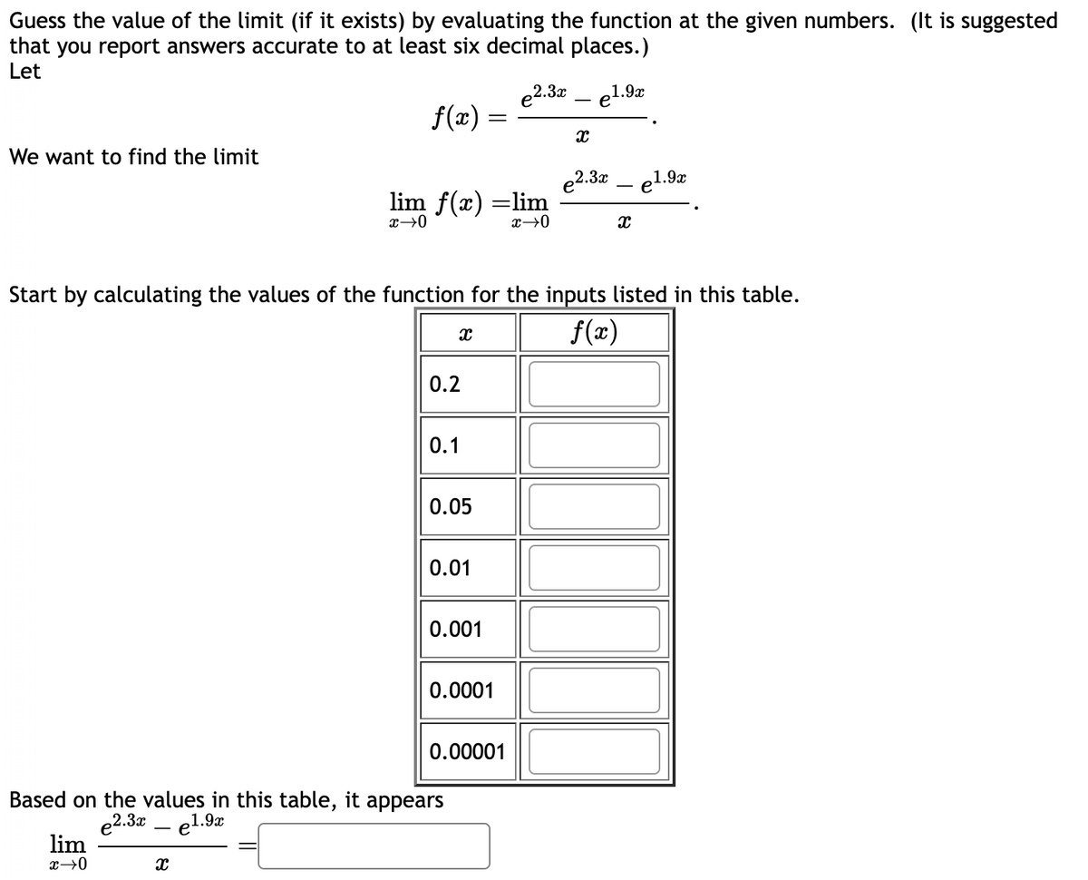 Guess the value of the limit (if it exists) by evaluating the function at the given numbers. (It is suggested
that you report answers accurate to at least six decimal places.)
Let
e2.3x 1.9x
We want to find the limit
f(x)
lim
x →0
x
lim f(x) =lim
x →0
x→0
Start by calculating the values of the function for the inputs listed in this table.
f(x)
0.2
0.1
X
0.05
0.01
=
0.001
Based on the values in this table, it appears
e2.3x - el.9x
0.0001
0.00001
X
e2.3x - ¹.9x
X