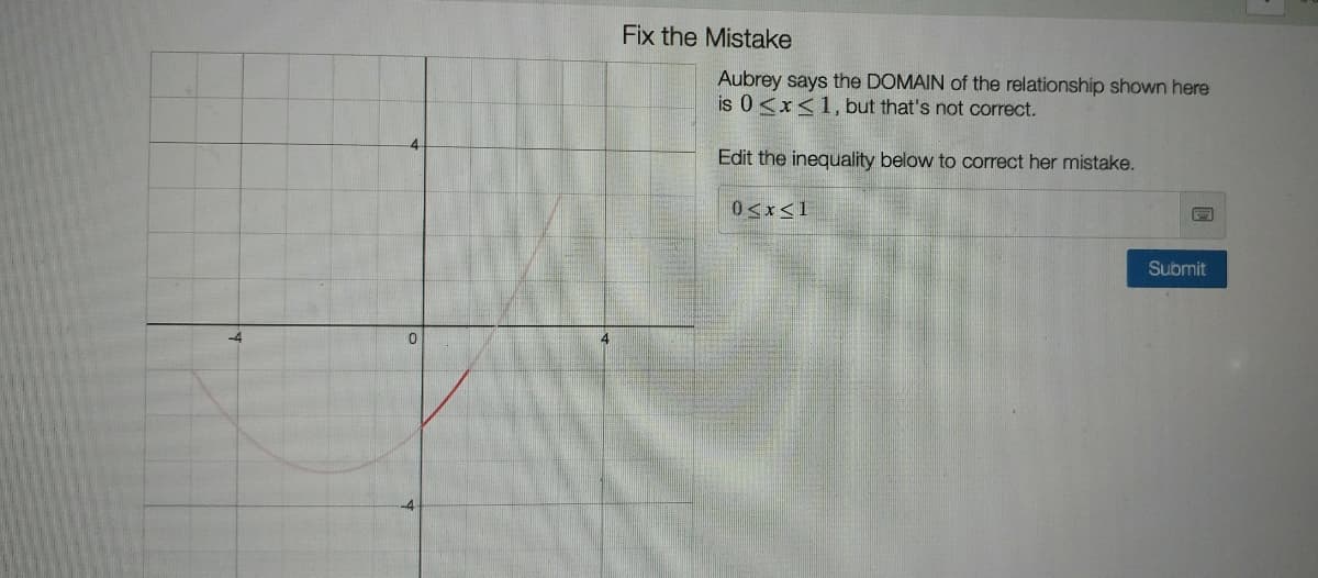 Fix the Mistake
Aubrey says the DOMAIN of the relationship shown here
is 0 <x<1, but that's not correct.
Edit the inequality below to correct her mistake.
0<x<1
Submit
