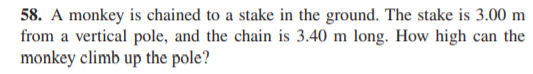 58. A monkey is chained to a stake in the ground. The stake is 3.00 m
from a vertical pole, and the chain is 3.40 m long. How high can the
monkey climb up the pole?
