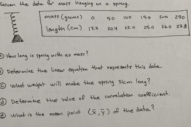 Garven the data for mass hauging on
a sprug.
a
mass (groms)
50
100
150
250
langth (cm) 17.7
20.4
22.0
25.0
26.0 27.8
O How long is sing with
no mass?
Determine tue linear equahion that represats this data.
what weight will make the spring 3cm long?
O Determine the ralue of the cornelatron coefficient.
e what i's the mean point
(E,ÿ) of the data?
