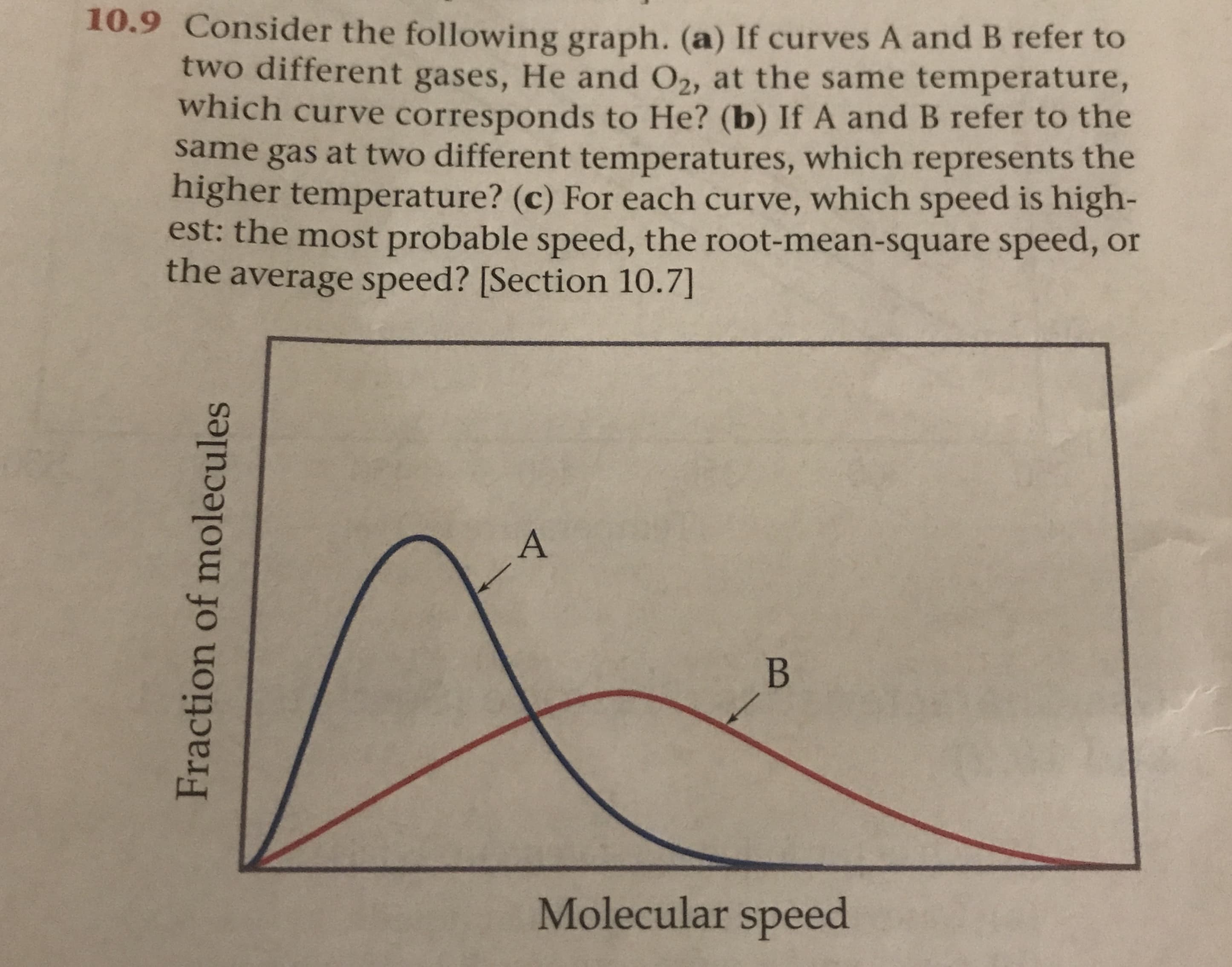 10.9 Consider the following graph. (a) If curves A and B refer to
two different gases, He and O2, at the same temperature,
which curve corresponds to He? (b) If A and B refer to the
same gas at two different temperatures, which represents the
higher temperature? (c) For each curve, which speed is high-
est: the most probable speed, the root-mean-square speed, or
the average speed? [Section 10.7]
A
В
Molecular speed
Fraction of molecules
