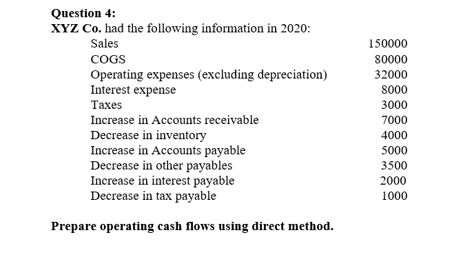 Question 4:
XYZ Co. had the following information in 2020:
Sales
150000
COGS
80000
Operating expenses (excluding depreciation)
Interest expense
32000
8000
Тахes
3000
Increase in Accounts receivable
7000
Decrease in inventory
Increase in Accounts payable
Decrease in other payables
Increase in interest payable
Decrease in tax payable
4000
5000
3500
2000
1000
Prepare operating cash flows using direct method.
