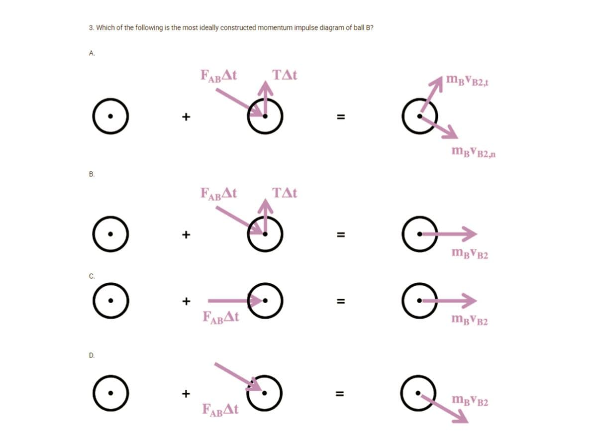 3. Which of the following is the most ideally constructed momentum impulse diagram of ball B?
A.
FABAT
TAt
mgVB2,t
mgVB2,n
В.
FABAT
TAt
+
mgVB2
С.
FABAT
mgVB2
D.
+
mgVB2
FABAT
II
II
II
B.
