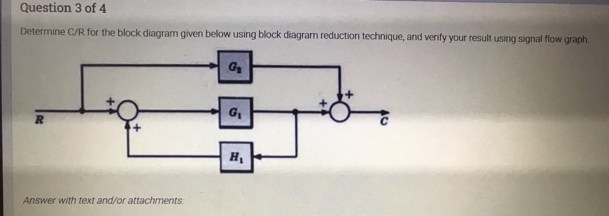 Question 3 of 4
Determine C/R for the block diagram given below using block diagram reduction technique, and verify your result using signal flow graph.
R.
H,
Answer with text and/or attachments:
