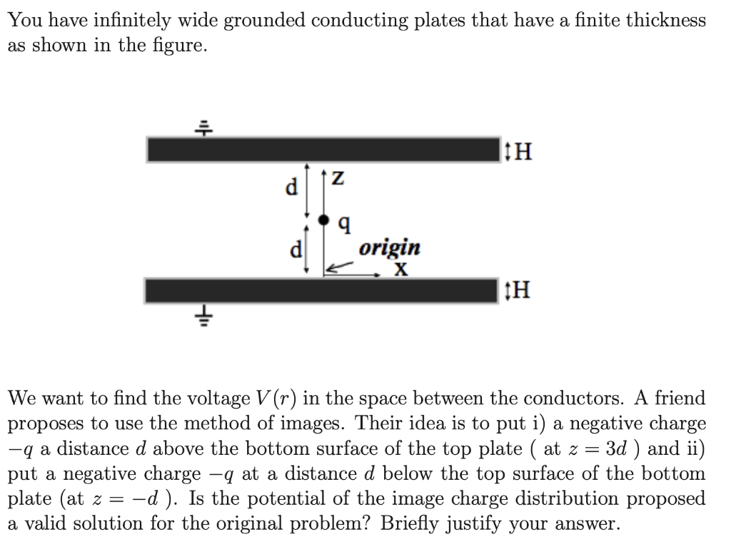 You have infinitely wide grounded conducting plates that have a finite thickness
as shown in the figure.
바
ut
H₁
Z
q
origin
X
tH
tH
=
We want to find the voltage V(r) in the space between the conductors. A friend
proposes to use the method of images. Their idea is to put i) a negative charge
-q a distance d above the bottom surface of the top plate (at z 3d) and ii)
put a negative charge -q at a distance d below the top surface of the bottom
plate (at z = -d). Is the potential of the image charge distribution proposed
a valid solution for the original problem? Briefly justify your answer.