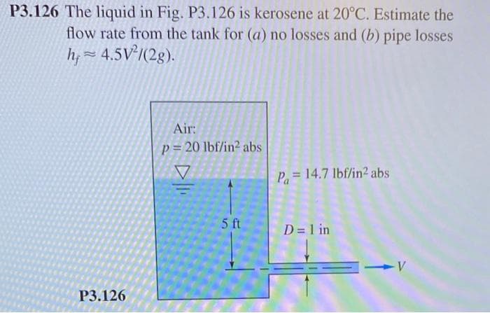 P3.126 The liquid in Fig. P3.126 is kerosene at 20°C. Estimate the
flow rate from the tank for (a) no losses and (b) pipe losses
h~4.5V²/(2g).
P3.126
Air:
p= 20 lbf/in² abs
D
5 ft
Pa 14.7 lbf/in2 abs
D = 1 in