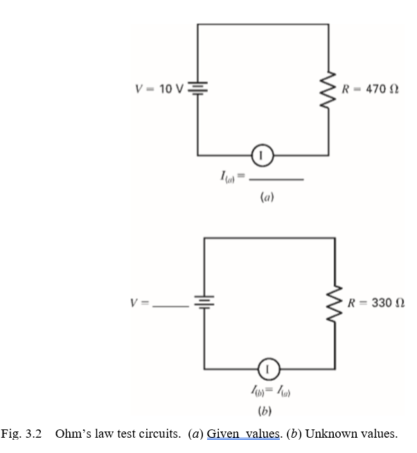 R = 470 Ω
V-
R = 3300
(b) = 4(a)
(b)
Fig. 3.2 Ohm's law test circuits. (a) Given values. (b) Unknown values.
V-10 V
Ital=
(a)