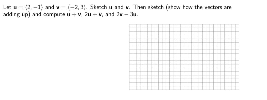 Let u =
(2, -1) and v = (-2,3). Sketch u and v. Then sketch (show how the vectors are
adding up) and compute u + v, 2u + v, and 2v- 3u.