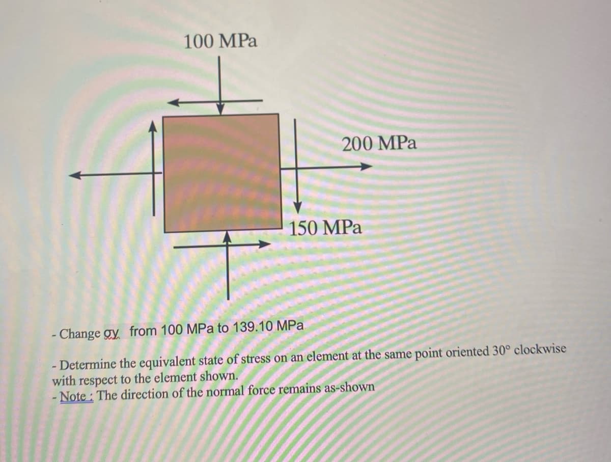 100 MPa
200 MPa
150 MPa
- Change gy from 100 MPa to 139.10 MPa
Determine the equivalent state of stress on an element at the same point oriented 30° clockwise
with respect to the element shown.
-Note: The direction of the normal force remains as-shown