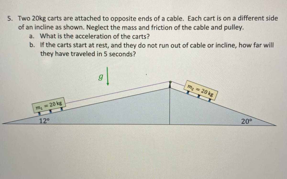 5. Two 20kg carts are attached to opposite ends of a cable. Each cart is on a different side
of an incline as shown. Neglect the mass and friction of the cable and pulley.
a. What is the acceleration of the carts?
b.
If the carts start at rest, and they do not run out of cable or incline, how far will
they have traveled in 5 seconds?
m₁ = 20 kg/
12°
9
m₂ = 20 kg
20°