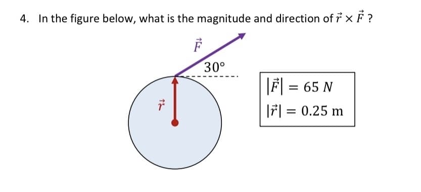 4. In the figure below, what is the magnitude and direction of * X F?
↑
30°
|F| = 65 N
|| = 0.25 m