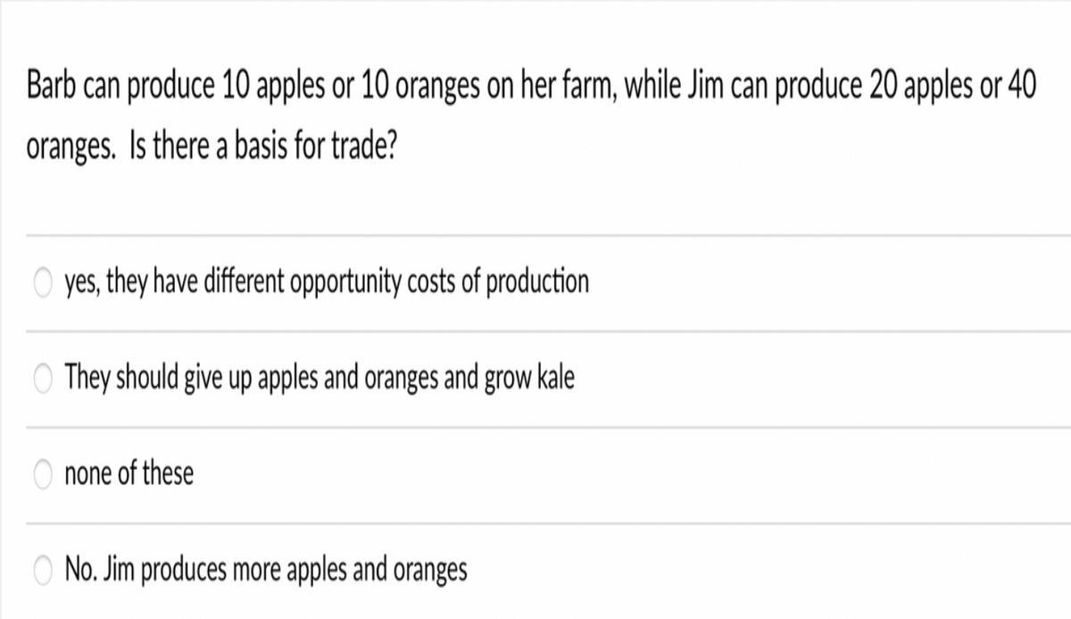 Barb can produce 10 apples or 10 oranges on her farm, while Jim can produce 20 apples or 40
oranges. Is there a basis for trade?
O yes, they have different opportunity costs of production
O They should give up apples and oranges and grow kale
none of these
O No. Jim produces more apples and oranges
