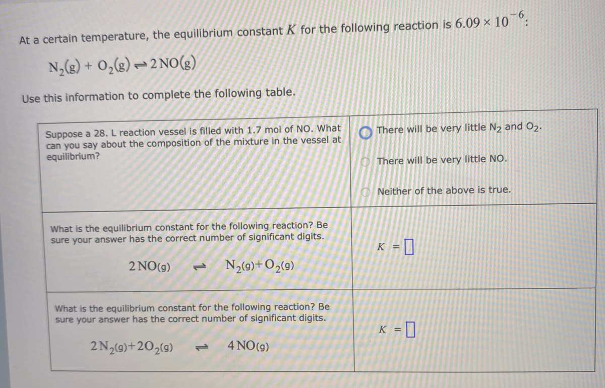 At a certain temperature, the equilibrium constant K for the following reaction is 6.09 × 10 °:
N,(3) + O,(g) =2 NO(g)
Use this information to complete the following table.
Suppose a 28. L reaction vessel is filled with 1.7 mol of NO. What
can you say about the composition of the mixture in the vessel at
equilibrium?
O There will be very little N2 and O2.
There will be very little NO.
Neither of the above is true.
What is the equilibrium constant for the following reaction? Be
sure your answer has the correct number of significant digits.
K = ]
2 NO(g)
N3(9)+O2(9)
1L
What is the equilibrium constant for the following reaction? Be
sure your answer has the correct number of significant digits.
K = ]
2N2(9)+20,(9)
4 NO(g)
