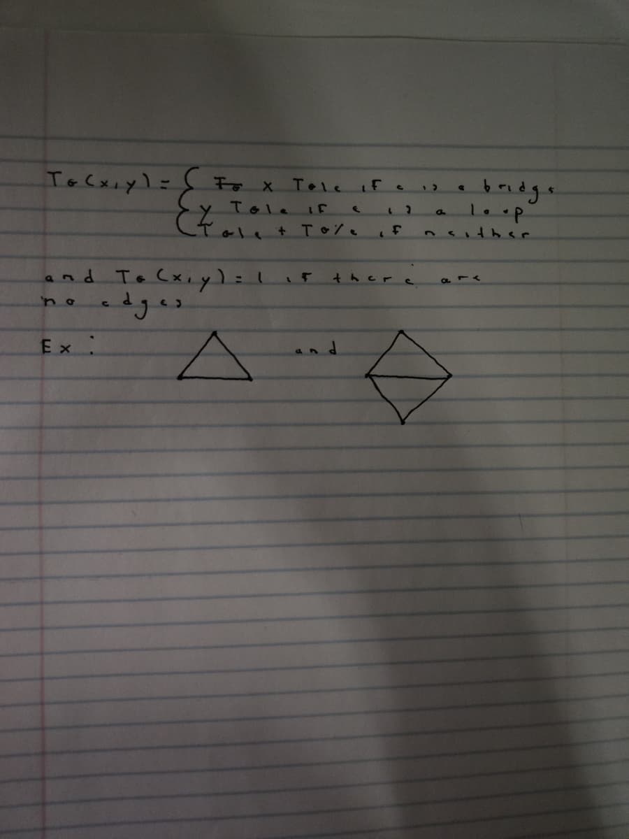 Toxyl Fo
=
x Tee if c
>
P
bridge
a
Tole
IF
€
(tale + Tole
and To (x,y) = 1
edges.
Ex
A
and
F
nsither
there
918