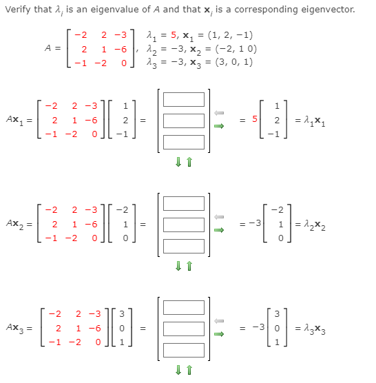 Verify that 1, is an eigenvalue of A and that x, is a corresponding eigenvector.
2, = 5, x, = (1, 2, –1)
3, х, 3D (-2, 1 0)
-3, х3 3 (3, 0, 1)
-2
2 -3
A =
-6
= -
-1 -2
-2
2 -3
1
1
Ax
2
1 -6
= 5
= 1,x1
-1
-2
-1
-1
-2
2 -3
-2
2
Ax2 =
1= 1,x2
2
1 -6
= -3
-1
-2
-2
2 -3
3
Ax3 =
1 -6
= 13x3
2
-3
-1 -2
