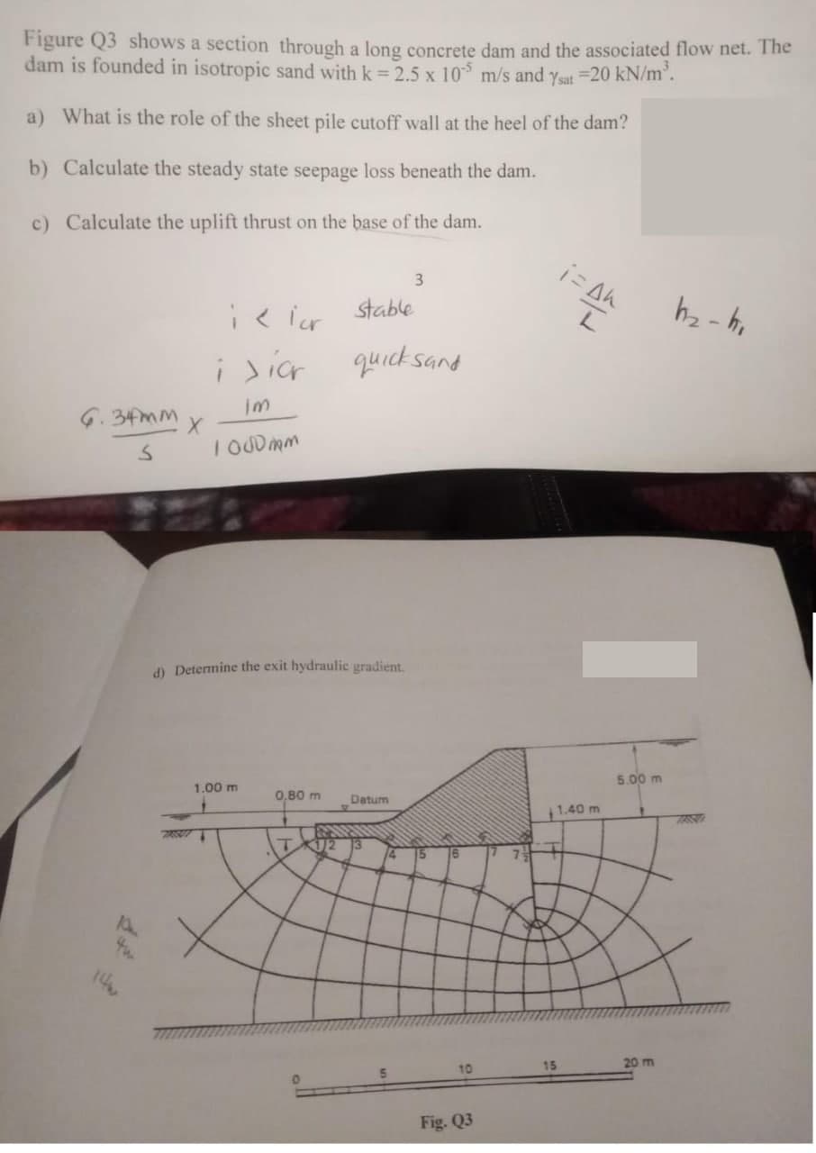 Figure Q3 shows a section through a long concrete dam and the associated flow net. The
dam is founded in isotropic sand with k=2.5 x 105 m/s and Ysat =20 kN/m³.
a) What is the role of the sheet pile cutoff wall at the heel of the dam?
b) Calculate the steady state seepage loss beneath the dam.
c) Calculate the uplift thrust on the base of the dam.
6.34mm
S
14
X
3
i < lor stable
ision
im
1000mm
d) Determine the exit hydraulic gradient.
1.00 m
0,80 m
quick sand
T 1/2
Datum
13
4
10
Fig. Q3
7
i= Ah
1.40 m
15
5.00 m
1
20 m
h₂-hi