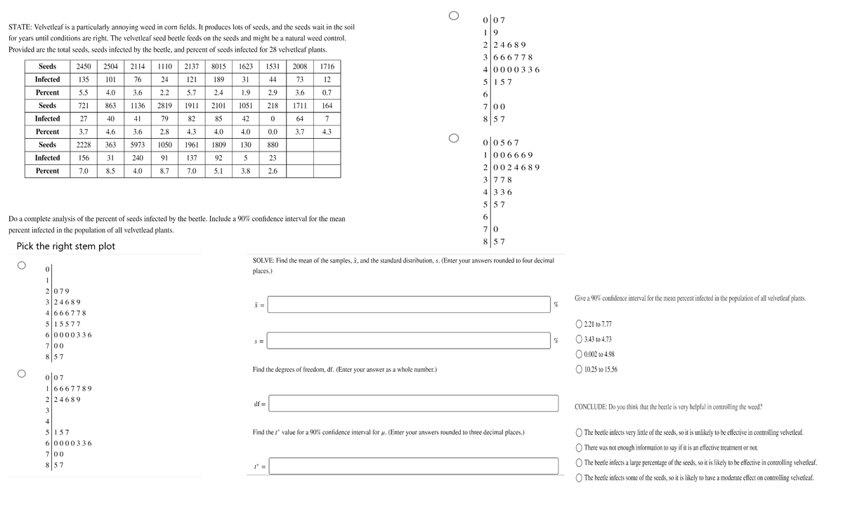 007
STATE: Velvetleaf is a particularly annoying weed in corn fields. It produces lots of seeds, and the seeds wait in the soil
19
for years until conditions are right. The velvetleaf seed beetle feeds on the seeds and might be a natural weed control.
2 246 89
Provided are the total seeds, seeds infected by the beetle, and percent of seeds infected for 28 velvetleaf plants.
366
778
Seeds
2450
2504
2114
1110
2137
8015
1623
1531
2008
1716
400003 3 6
Infected
135
101
76
24
121
189
31
44
73
12
5157
Percent
5.5
4.0
3.6
2.2
5.7
2.4
1.9
2.9
3.6
0.7
6.
Seeds
721
863
1136
2819
1911
2101
1051
218
1711
164
700
Infected
27
40
41
79
82
85
42
64
7
857
Percent
3.7
4.6
3.6
2.8
4.3
4.0
4.0
0.0
3.7
4.3
Seeds
2228
363
5973
1050
1961
1809
130
880
0 05 67
Infected
156
31
240
91
137
92
23
1006669
2 00246 89
Percent
7.0
8.5
4.0
8.7
7.0
5.1
3.8
2.6
3778
4336
557
Do a complete analysis of the percent of seeds infected by the beetle. Include a 90% confidence interval for the mean
percent infected in the population of all velvetlead plants.
70
857
Pick the right stem plot
SOLVE: Find the mean of the samples, x, and the standard distribution, s. (Enter your answers rounded to four decimal
places.)
1
2079
Give a 90% confidence interval for the mean percent infected in the population of all velvetleaf plants.
324689
%
4666778
5 15577
2.21 to 7.77
6000033 6
S =
%
O 3.43 to 4.73
700
8 57
O 0.002 to 4.98
Find the degrees of freedom, df. (Enter your answer as a whole number.)
10.25 to 15.56
007
16667789
2 24689
df =
CONCLUDE: Do you think that the beetle is very helpful in controlling the weed?
3
4
5157
Find the r* value for a 90% confidence interval for u. (Enter your answers rounded to three decimal places.)
The beetle infects very little of the seeds, so it is unlikely to be effective in controlling velvetleaf.
6000033 6
There was not enough information to say if it is an effective treatment or not.
700
857
t* =
The beetle infects a large percentage of the seeds, so it is likely to be effective in controlling velvetleaf.
O The beetle infects some of the seeds, so it is likely to have a moderate effect on controlling velvetleaf.
