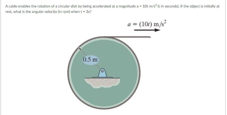 A cable enables the rotation of a circular disk by being accelerated at a magnitude a = 10t m/s² (t in seconds). If the object is initially at
rest, what is the angular velocity (in rpm) when t = 3s?
a = (10t) m/s²
0.5 m
