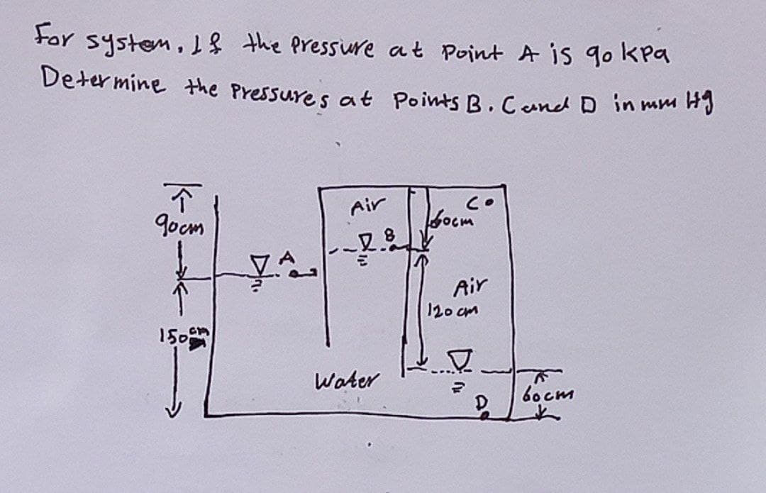 For system. If the pressure at Point A is gokpa
Determine the pressure's at Points B. Cand D in mm Hg
T
Air
дост
Кост
참여해
VA
150
Water
1.8
Co
Air
120cm
60cm