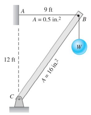 A
9 ft
A = 0.5 in.?
W
12 ft
A = 16 in.?
