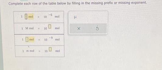 Complete each row of the table below by filling in the missing prefix or missing exponent.
1 mol # 10
1 M mol = 10
1 mol
1 m mol
10
W 10
-6
0
9
0
mol
mol
mol
mol
H
X
Ś