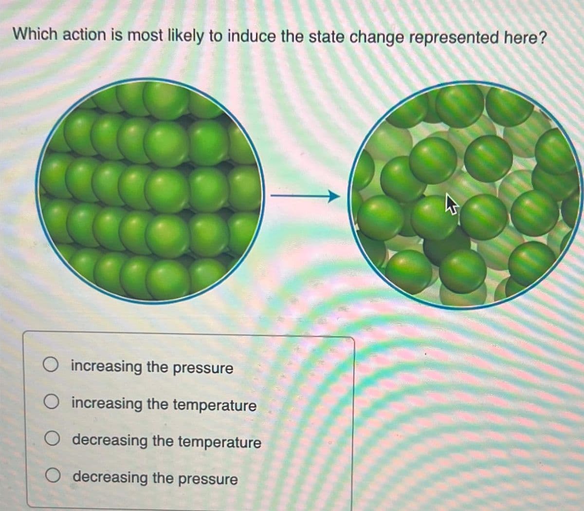 Which action is most likely to induce the state change represented here?
O increasing the pressure
O increasing the temperature
O decreasing the temperature
O decreasing the pressure