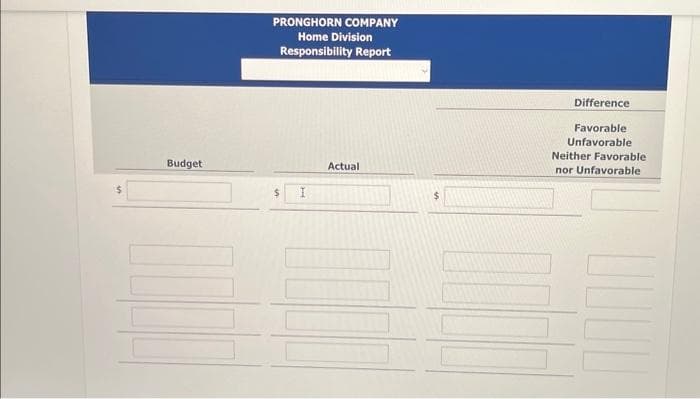 $
Budget
PRONGHORN COMPANY
Home Division
Responsibility Report
$ I
Actual
$
Difference
NODO
Favorable
Unfavorable
Neither Favorable
nor Unfavorable