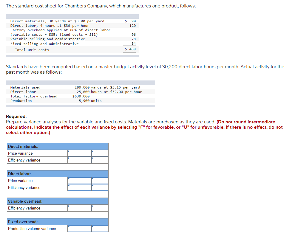 The standard cost sheet for Chambers Company, which manufactures one product, follows:
Direct materials, 30 yards at $3.00 per yard
Direct labor, 4 hours at $30 per hour
Factory overhead applied at 80% of direct labor
(variable costs = $85; fixed costs = $11)
Variable selling and administrative
Fixed selling and administrative
Total unit costs
Materials used
Direct labor
Total factory overhead
Production
Standards have been computed based on a master budget activity level of 30,200 direct labor-hours per month. Actual activity for the
past month was as follows:
Direct materials:
Price variance
Efficiency variance
Direct labor:
Price variance
Efficiency variance
$
Variable overhead:
Efficiency variance
90
120
Required:
Prepare variance analyses for the variable and fixed costs. Materials are purchased as they are used. (Do not round intermediate
calculations. Indicate the effect of each variance by selecting "F" for favorable, or "U" for unfavorable. If there is no effect, do not
select either option.)
Fixed overhead:
Production volume variance
96
78
54
$ 438
200,000 yards at $3.15 per yard
25,000 hours at $32.00 per hour
$630,000
5,900 units