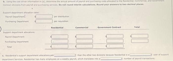 b. Using the cost driver information in (a), determine the annual amount of payroll and purchasing costs allocated to the Residential, Commercial, and Government
Contract divisions from payroll and purchasing services. Do not round interim calculations. Round your answers to two decimal places..
.
Support department allocation rates:
Payroll Department!
Purchasing Department
Support department allocations:
Payroll Department
Purchasing Department
Total
per distribution
per requisition
Residential
Commercial
Government Contract.
than the other two divisions because Residential is a
c. Residential's support department allocations are
department services. Residential has many employees on a weekly payroll, which translates into a l
Total
user of support
number of payroll transactions.