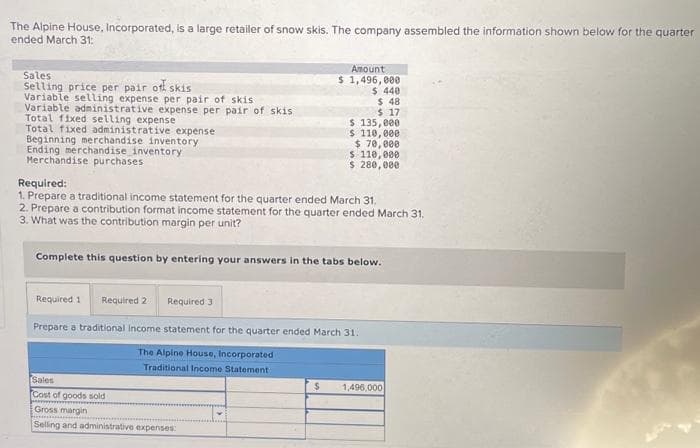 The Alpine House, Incorporated, is a large retailer of snow skis. The company assembled the information shown below for the quarter
ended March 31:
Sales
Selling price per pair of skis
Variable selling expense per pair of skis
Variable administrative expense per pair of skis
Total fixed selling expense
Total fixed administrative expense
Beginning merchandise inventory
Ending merchandise inventory
Merchandise purchases.
Amount
$ 1,496,000
$ 440
$ 48
$17
$ 135,000
$ 110,000
$ 70,000
$ 110,000
$ 280,000
Required:
1. Prepare a traditional income statement for the quarter ended March 31,
2. Prepare a contribution format income statement for the quarter ended March 31.
3. What was the contribution margin per unit?
Complete this question by entering your answers in the tabs below.
Sales
Cost of goods sold
Gross margin
Selling and administrative expenses:
Required 1 Required 2
Required 3
Prepare a traditional Income statement for the quarter ended March 31.
The Alpine House, Incorporated
Traditional Income Statement
$ 1,496,000