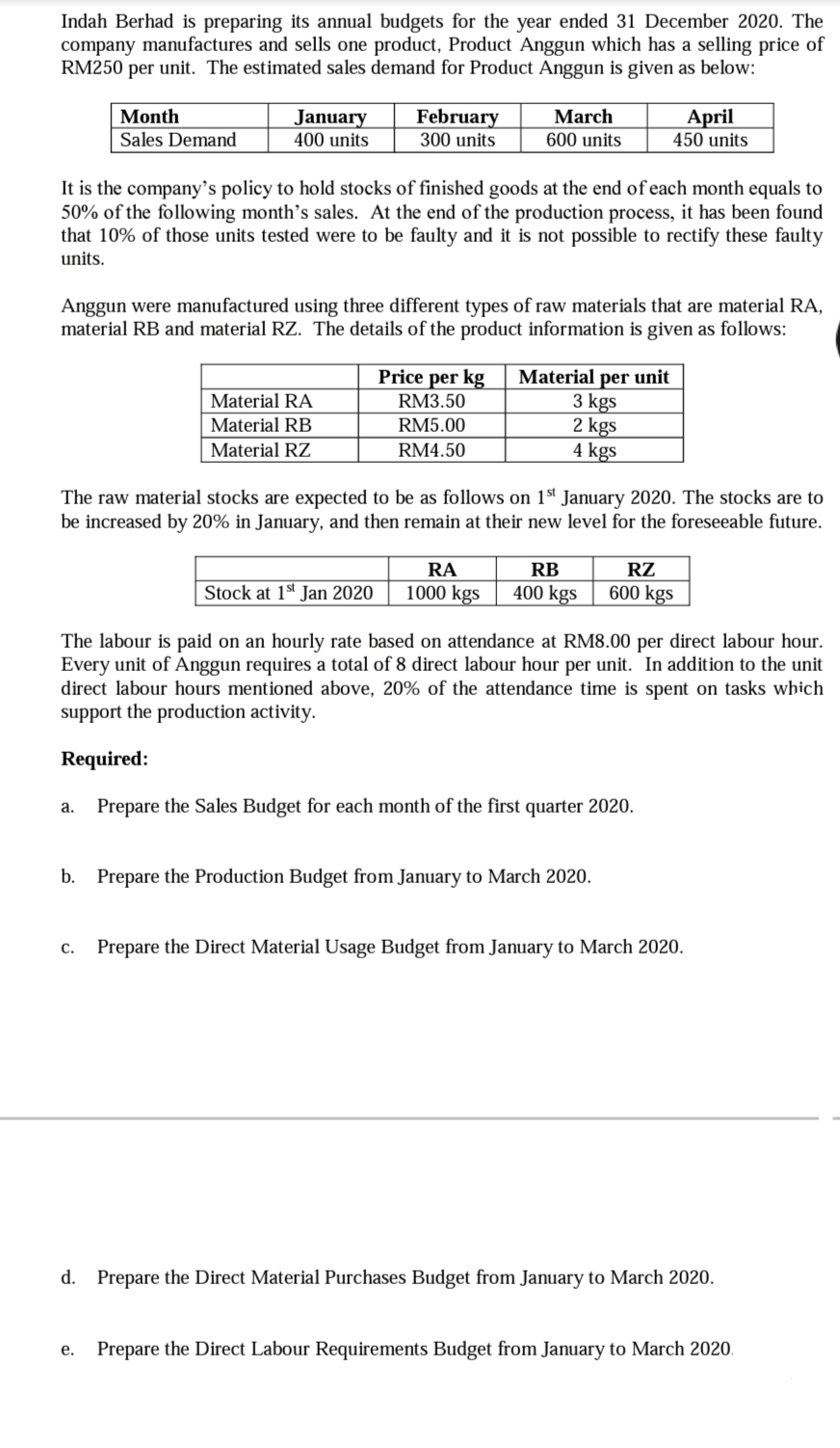 Indah Berhad is preparing its annual budgets for the year ended 31 December 2020. The
company manufactures and sells one product, Product Anggun which has a selling price of
RM250 per unit. The estimated sales demand for Product Anggun is given as below:
January
400 units
February
300 units
March
April
450 units
Month
Sales Demand
600 units
It is the company’s policy to hold stocks of finished goods at the end of each month equals to
50% of the following month's sales. At the end of the production process, it has been found
that 10% of those units tested were to be faulty and it is not possible to rectify these faulty
units.
Anggun were manufactured using three different types of raw materials that are material RA,
material RB and material RZ. The details of the product information is given as follows:
Price per kg
Material per unit
3 kgs
2 kgs
4 kgs
Material RA
RM3.50
Material RB
RM5.00
Material RZ
RM4.50
The raw material stocks are expected to be as follows on 1st January 2020. The stocks are to
be increased by 20% in January, and then remain at their new level for the foreseeable future.
RA
RB
RZ
Stock at 1st Jan 2020
1000 kgs
400 kgs
600 kgs
The labour is paid on an hourly rate based on attendance at RM8.00 per direct labour hour.
Every unit of Anggun requires a total of 8 direct labour hour per unit. In addition to the unit
direct labour hours mentioned above, 20% of the attendance time is spent on tasks which
support the production activity.
Required:
a.
Prepare the Sales Budget for each month of the first quarter 2020.
b.
Prepare the Production Budget from January to March 2020.
Prepare the Direct Material Usage Budget from January to March 2020.
с.
d. Prepare the Direct Material Purchases Budget from January to March 2020.
Prepare the Direct Labour Requirements Budget from January to March 2020.
е.
