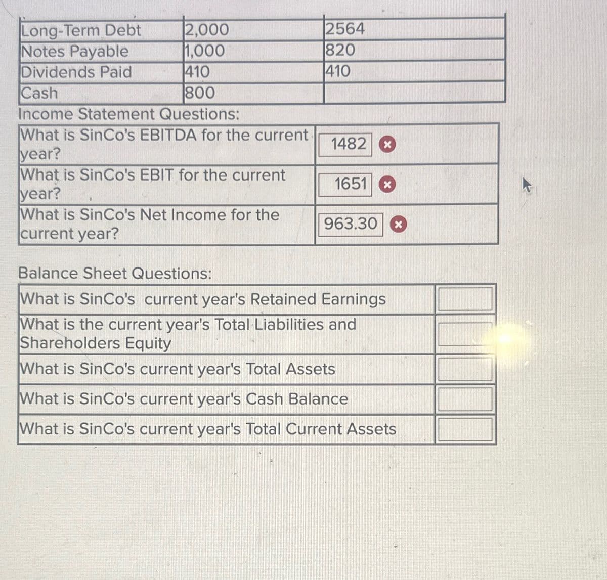 Long-Term Debt
2,000
2564
Notes Payable
1,000
820
Dividends Paid
410
410
Cash
800
Income Statement Questions:
What is SinCo's EBITDA for the current
year?
What is SinCo's EBIT for the current
year?
What is SinCo's Net Income for the
current year?
Balance Sheet Questions:
1482 x
1651
963.30 x
What is SinCo's current year's Retained Earnings
What is the current year's Total Liabilities and
Shareholders Equity
What is SinCo's current year's Total Assets
What is SinCo's current year's Cash Balance
What is SinCo's current year's Total Current Assets