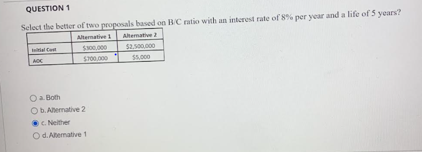QUESTION 1
Select the better of two proposals based on B/C ratio with an interest rate of 8% per year and a life of 5 years?
Alternative 1 Alternative 2
$2,500,000
$5,000
Initial Cost
AOC
O a. Both
$300,000
$700,000
b. Alternative 2
c. Neither
d. Alternative 1