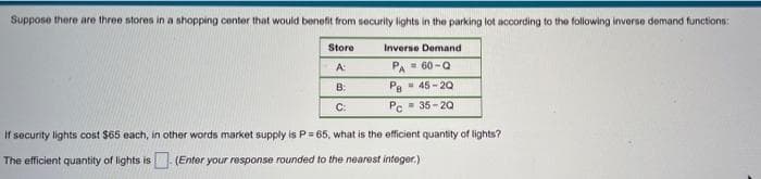 Suppose there are three stores in a shopping center that would benefit from security lights in the parking lot according to the following inverse demand functions:
Store
Inverse Demand
A:
PA = 60-Q
B:
PB 45-20
C:
Pc 35-20
If security lights cost $65 each, in other words market supply is P=65, what is the efficient quantity of lights?
The efficient quantity of lights is
(Enter your response rounded to the nearest integer.)