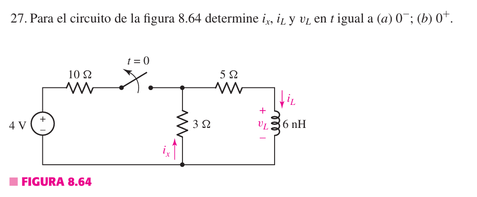 27. Para el circuito de la figura 8.64 determine i̟x, i у VL en t igual a (a) 0¯; (b) 0+.
4 V
502
ww
10 Ω
www
t=0
ने
ix
302
■FIGURA 8.64
+51
iL
86nH