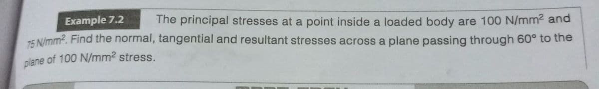 Example 7.2
The principal stresses at a point inside a loaded body are 100 N/mm² and
75 N/mm². Find the normal, tangential and resultant stresses across a plane passing through 60° to the
plane of 100 N/mm² stress.