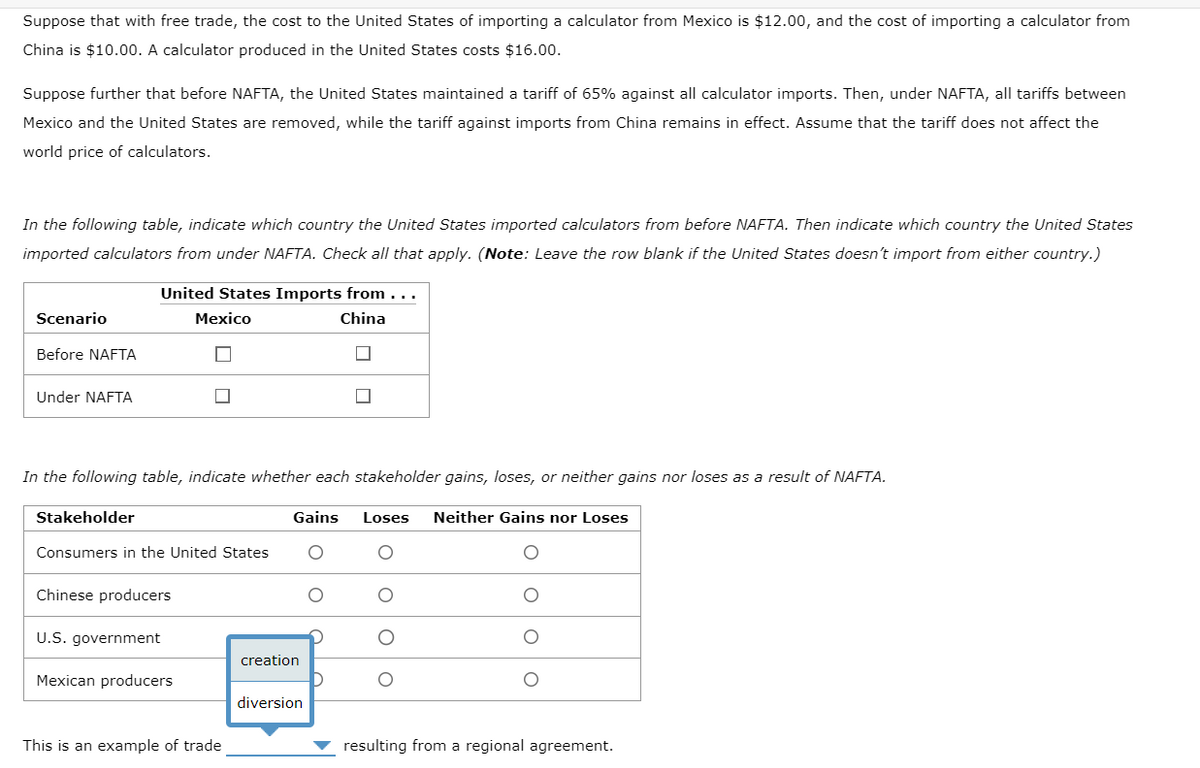 Suppose that with free trade, the cost to the United States of importing a calculator from Mexico is $12.00, and the cost of importing a calculator from
China is $10.00. A calculator produced in the United States costs $16.00.
Suppose further that before NAFTA, the United States maintained a tariff of 65% against all calculator imports. Then, under NAFTA, all tariffs between
Mexico and the United States are removed, while the tariff against imports from China remains in effect. Assume that the tariff does not affect the
world price of calculators.
In the following table, indicate which country the United States imported calculators from before NAFTA. Then indicate which country the United States
imported calculators from under NAFTA. Check all that apply. (Note: Leave the row blank if the United States doesn't import from either country.)
Scenario
Before NAFTA
Under NAFTA
United States Imports from ...
Mexico
China
Stakeholder
In the following table, indicate whether each stakeholder gains, loses, or neither gains nor loses as a result of NAFTA.
Gains Loses Neither Gains nor Loses
O
Consumers in the United States
Chinese producers
U.S. government
Mexican producers
This is an example of trade
creation
|
diversion
resulting from a regional agreement.