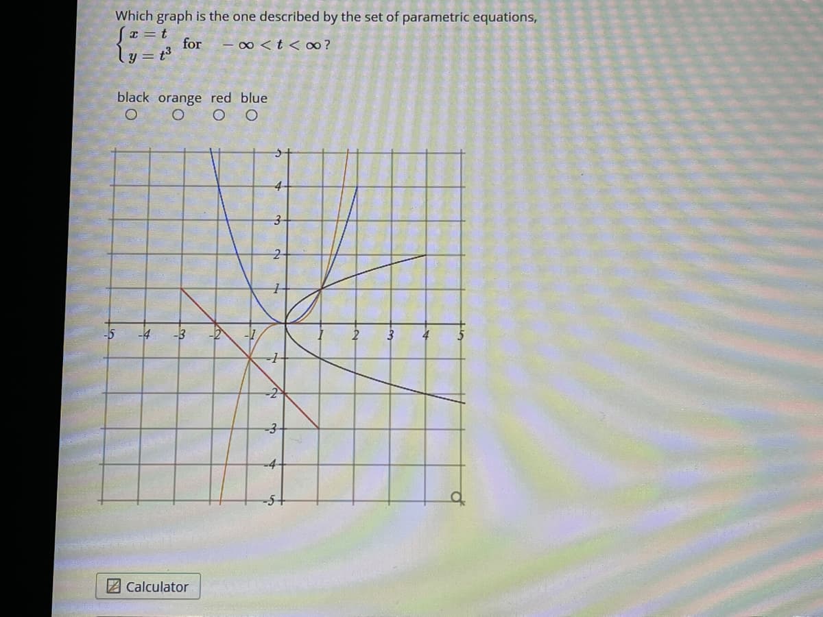 Which graph is the one described by the set of parametric equations,
(x = t
for
- 00 <t < o ?
ly = t3
black orange red blue
4-
-3-
2 Calculator
