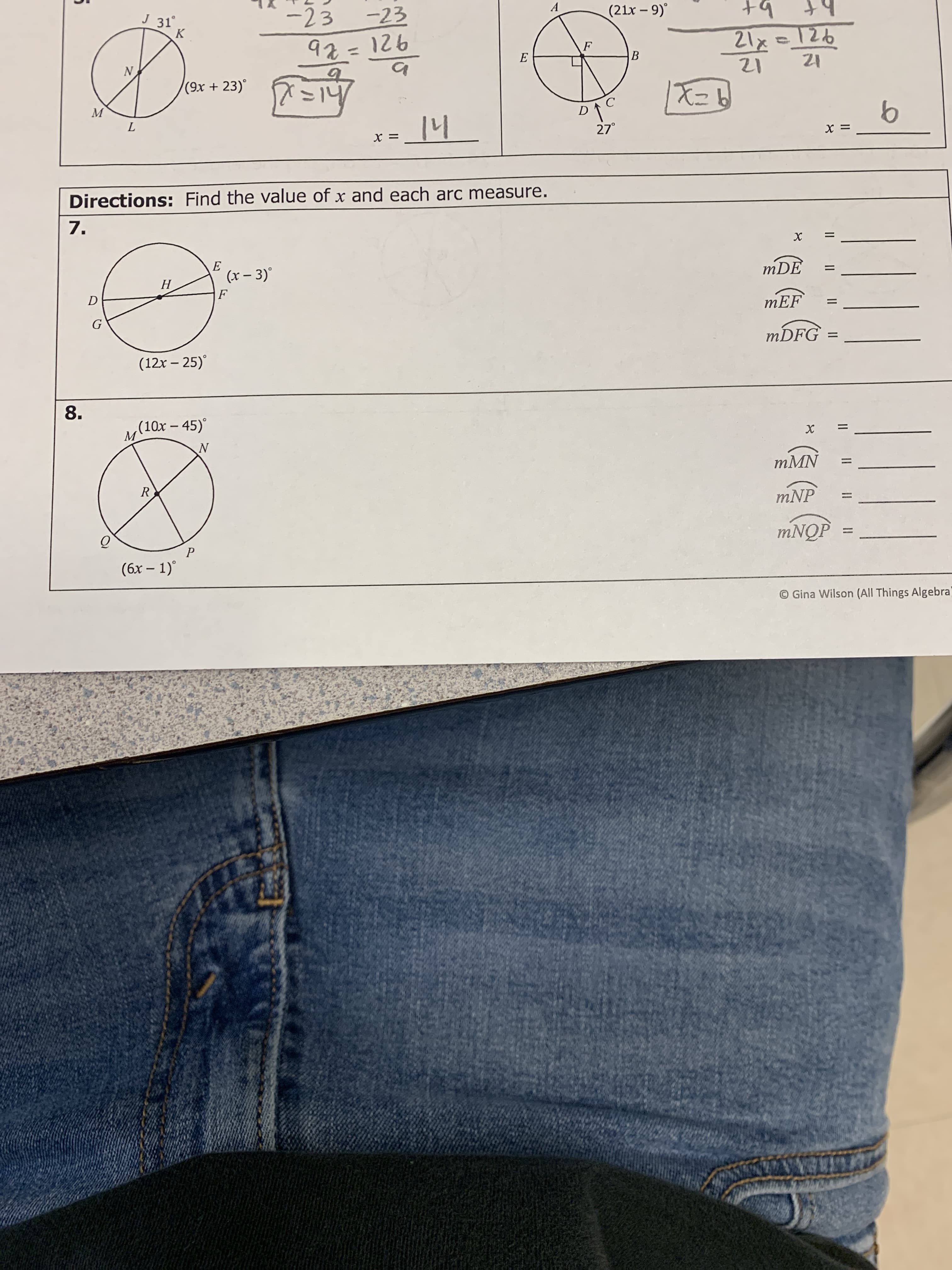 Directions: Find the value of x and each arc measure.
7.
E
(x – 3)°
mDE
%3D
Н
F
D
mEF
%3D
MDFG =
(12x – 25)°
8.
(10x – 45)°
M
N
mMN
%3D
R
mNP
MNQP
P
(6r
1)°
II
