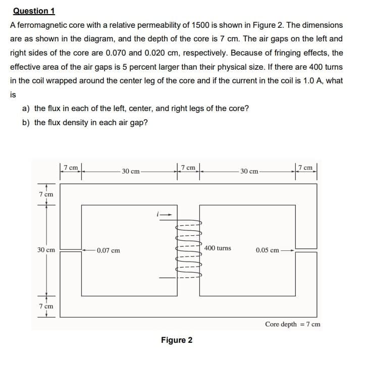 Question 1
A ferromagnetic core with a relative permeability of 1500 is shown in Figure 2. The dimensions
are as shown in the diagram, and the depth of the core is 7 cm. The air gaps on the left and
right sides of the core are 0.070 and 0.020 cm, respectively. Because of fringing effects, the
effective area of the air gaps is 5 percent larger than their physical size. If there are 400 turns
in the coil wrapped around the center leg of the core and if the current in the coil is 1.0 A, what
is
a) the flux in each of the left, center, and right legs of the core?
b) the flux density in each air gap?
7 cm
ст
ст
30 cm
30 cm
7 cm
400 turns
0.05 cm
30 cm
0.07 cm
7 cm
Core depth = 7 cm
Figure 2
