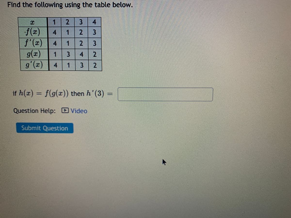 Find the following using the table below.
1
2 3 4
f(z) 4
f'(x) 4 1 2 3
g(x) 1
g'(x)
1
2.
4 2
1
if h(x) f(g(x)) then h'(3)
Question Help: Video
Submit Question
3.
2.
3.
